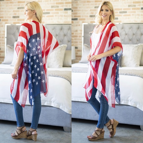 LIGHTWEIGHT USA AMERICAN FLAG ACCENT OPEN FRONT KIMONO OUTERWEAR - Picture 2 of 8